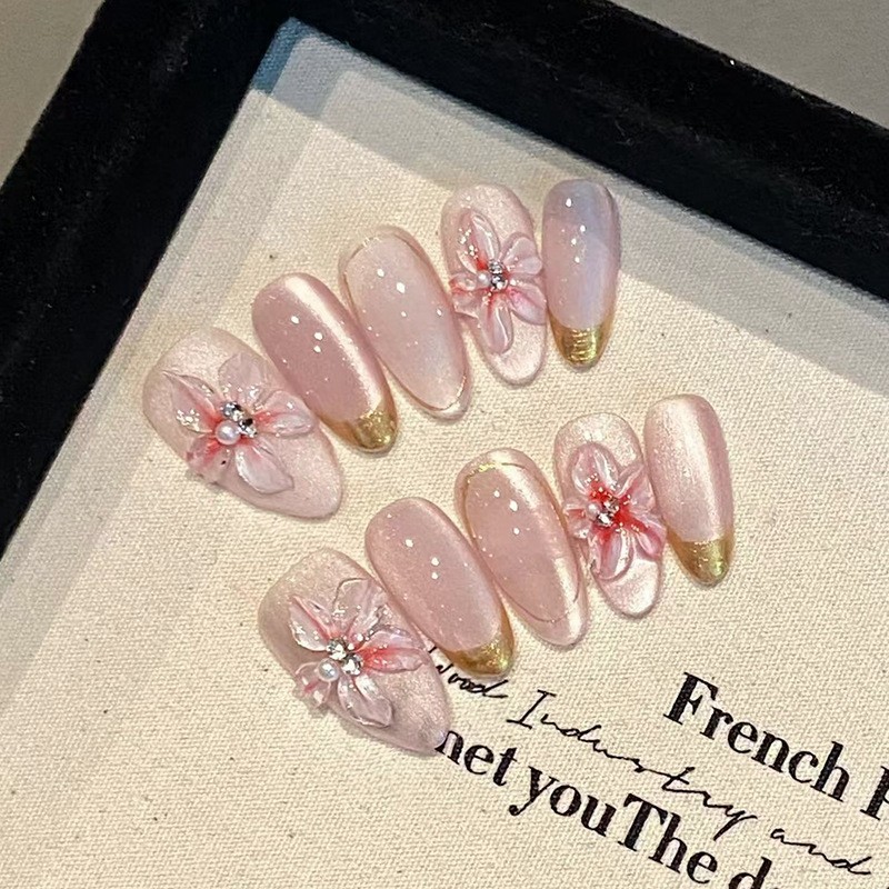 24pcs Nude Pink Glitter Press On Nail with 3D floral & Gold French Tip Almond