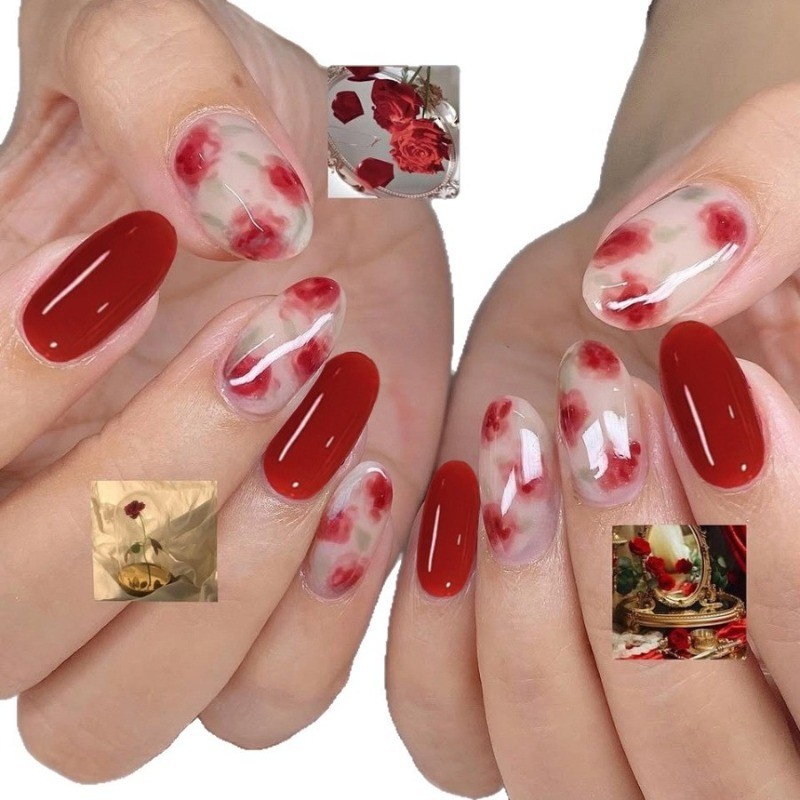 48PCS Red and White Gradient Rose Watercolor Reusable Fake Nails