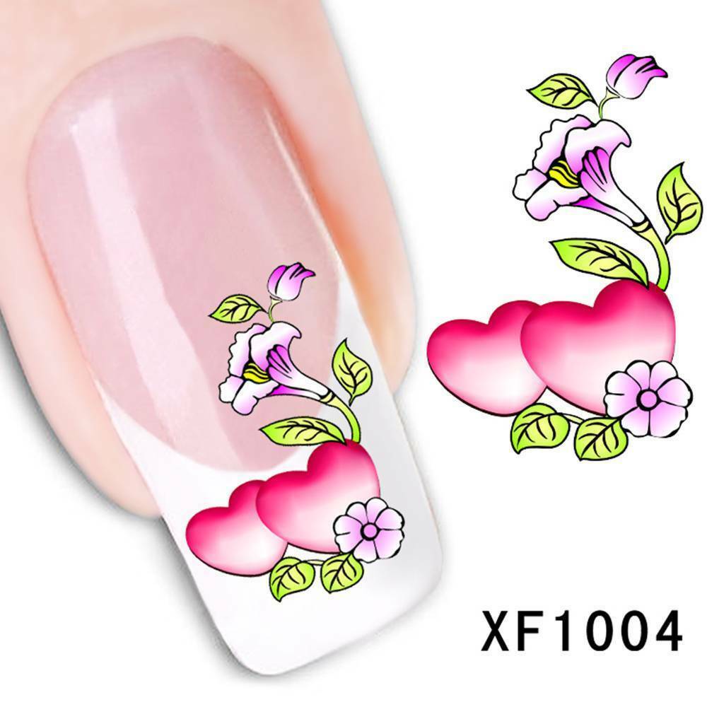 Nail Art Water Transfer Sticker Decal Stickers Pretty Flowers Pink Heart XF1004