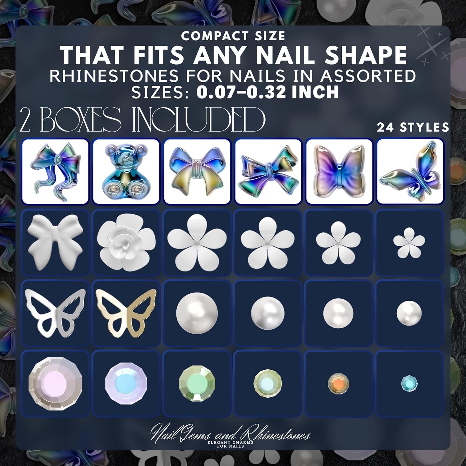 Rhinestones for Nails: Bow Nail Charms 520 Pcs Set w/ Gems Butterfly 3D Crystals