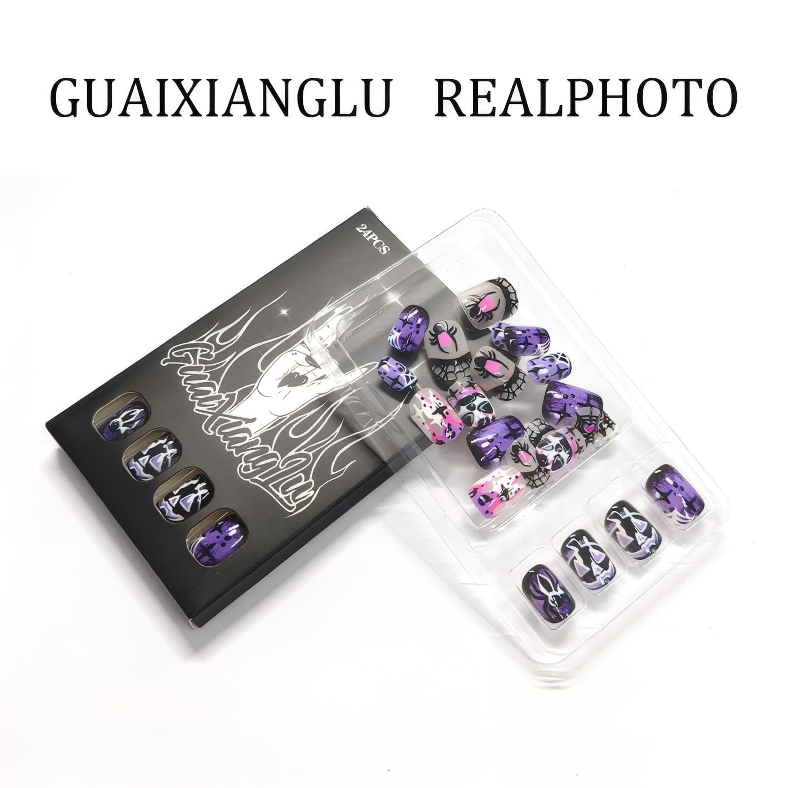 Short Square Press on Nails Halloween Fake Nails Spider French Tip Design Fal…