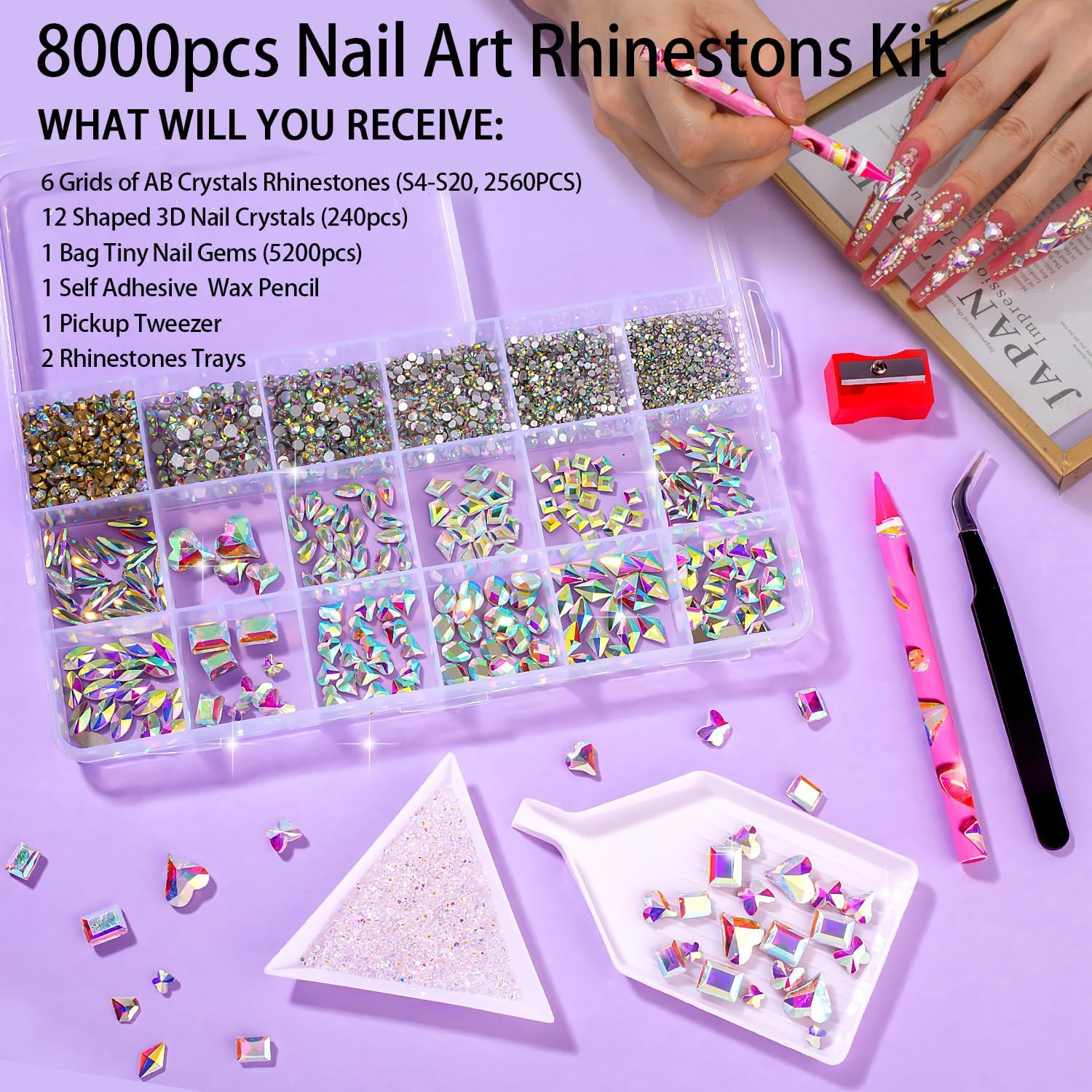 8000Pcs Nail Gems and Rhinestones for Nails Art, 240 Shaped Glass AB Crystals Na