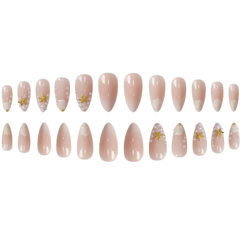 48Pcs-Medium Almond Nude White Gradient Seashell Starfish Pearl Press on Nails