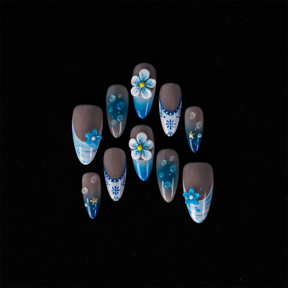 Elegant Handmade Blue Ombre Press On Nails Medium Almond Shape for Spring Summer