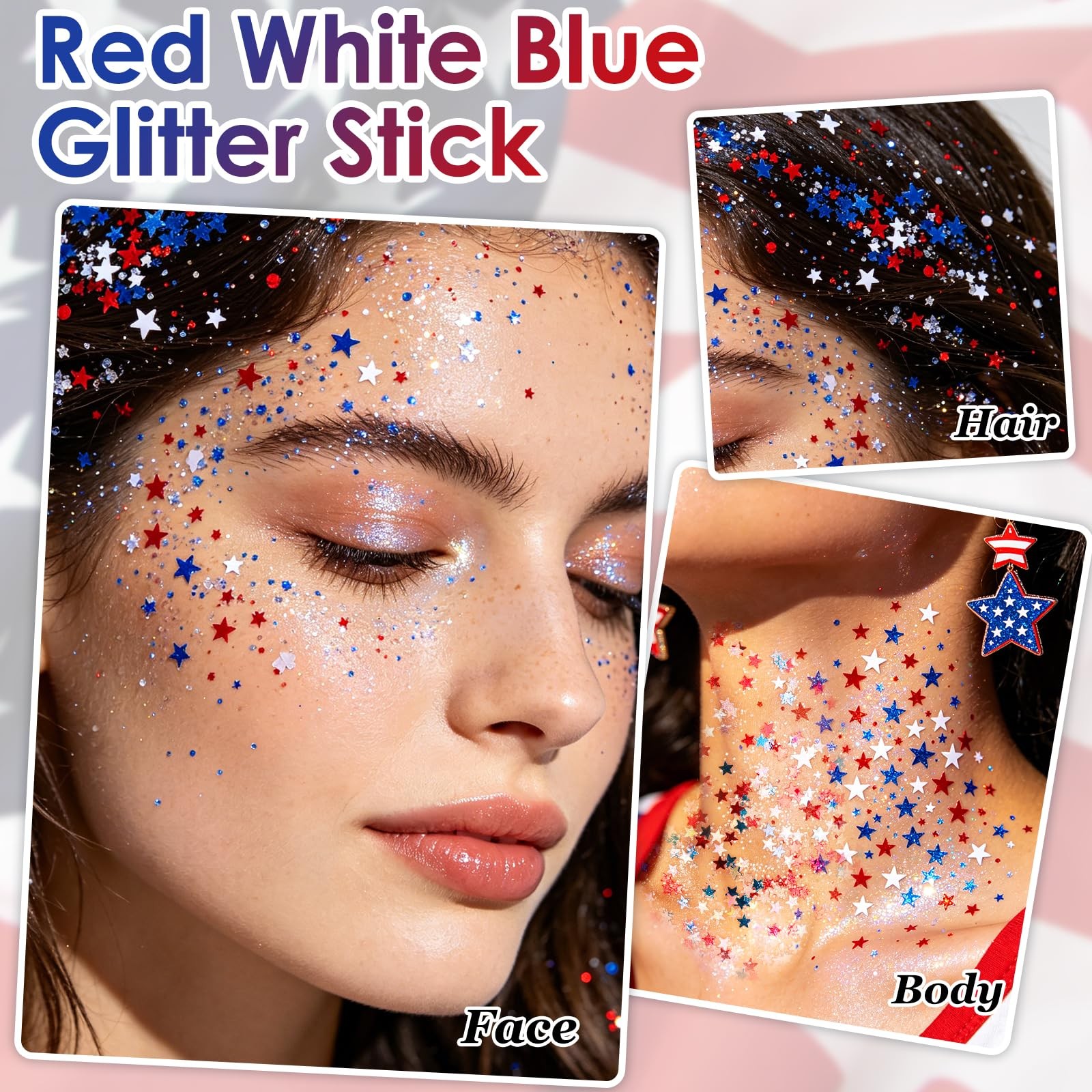 Red White Blue Body Glitter Stick,USA Accessories Face Hair Glitter Makeup 4t…