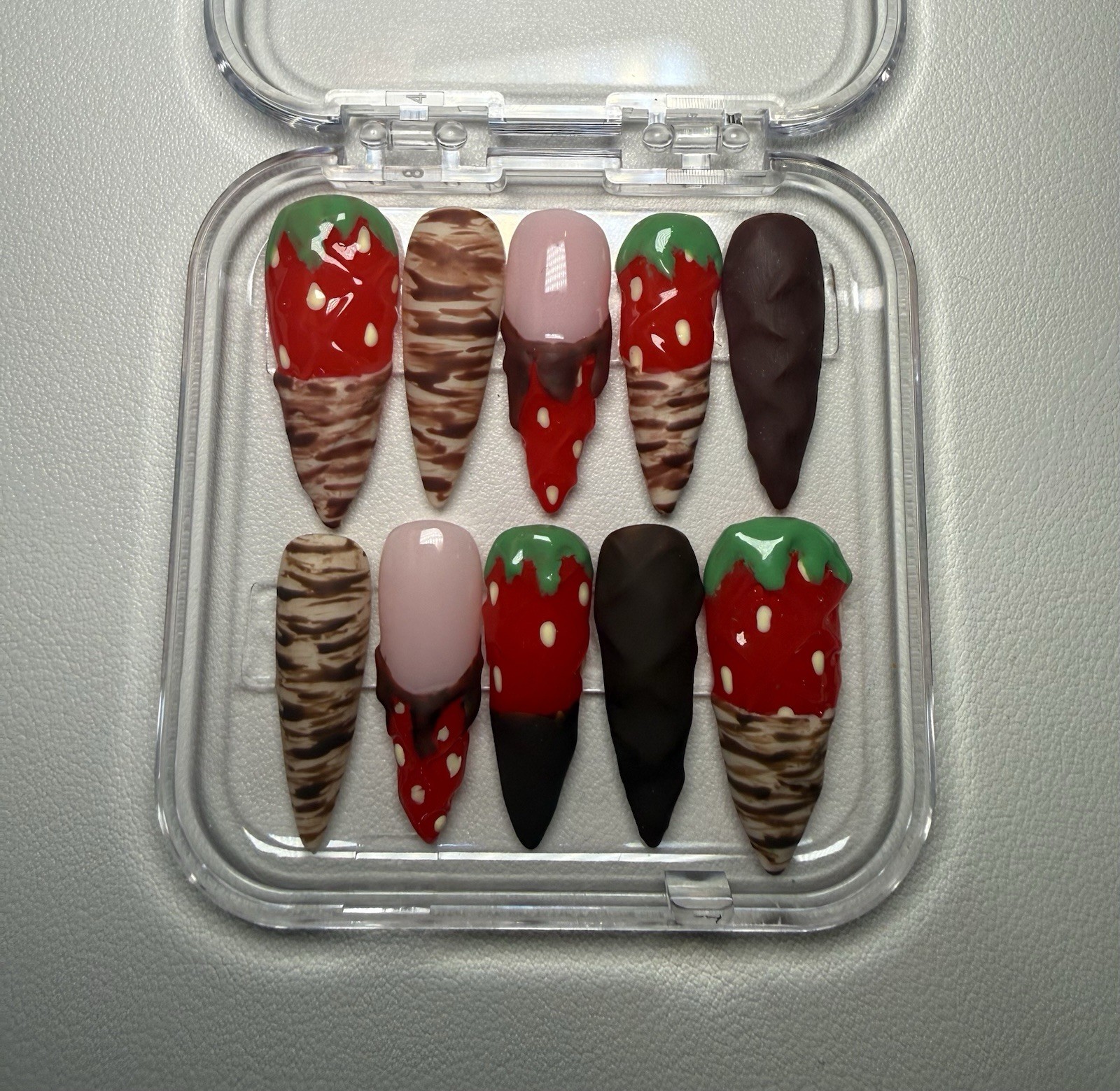 Strawberry chocolate 3D stiletto press-on nails, long gel, food theme