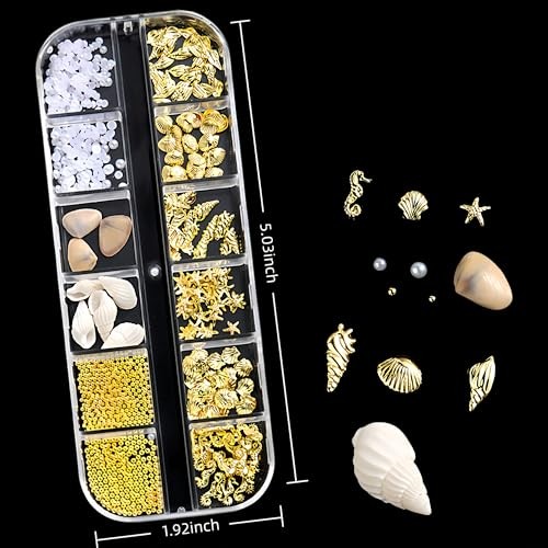 12 Grids Summer Nail Charms 3D Steel Studs Metal Art Charms Pearls white