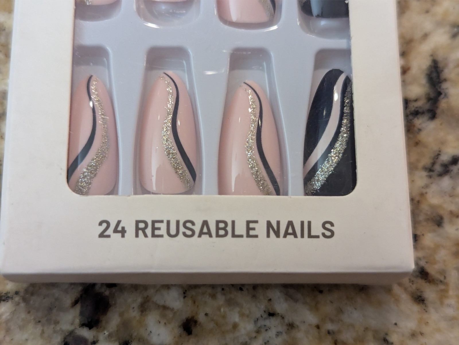 Press On Nails One Minute Nail Tip #279 Long Pink Black Silver Glitter 24ct