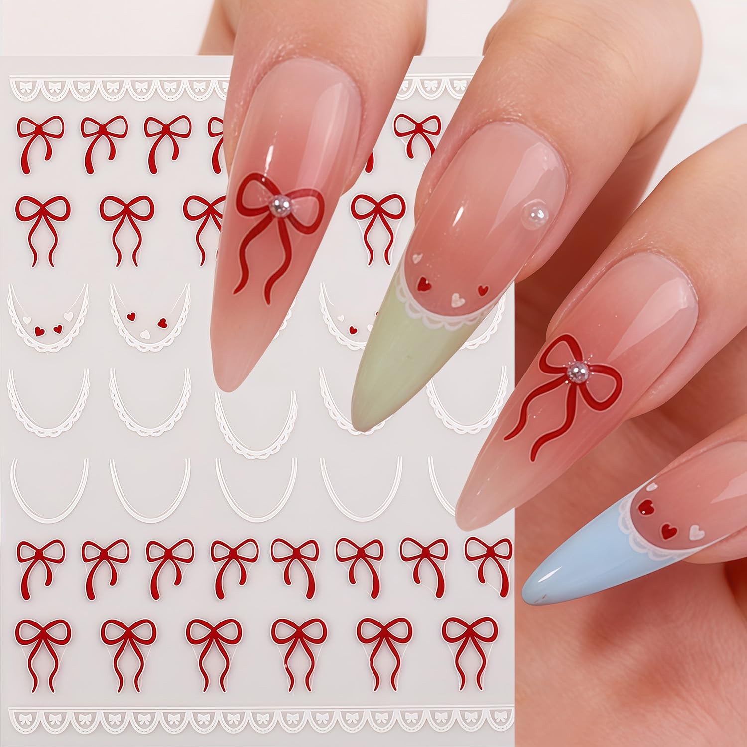 Bow Nail Decals for Nail Art 3D French Tip Nail Stickers Self-Adhesive Decor