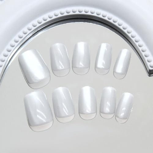White Press on Nails Short Square Fake Nails with Glitter Cat Eye Designs Glossy