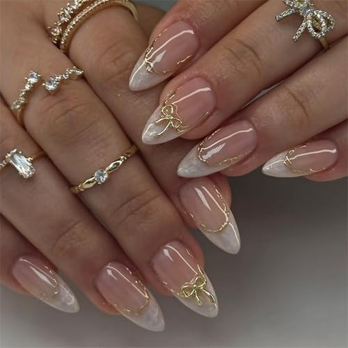 24pcs White French Tip Press On Nails, Almond Fake Nails with 3D Bow, Acrylic