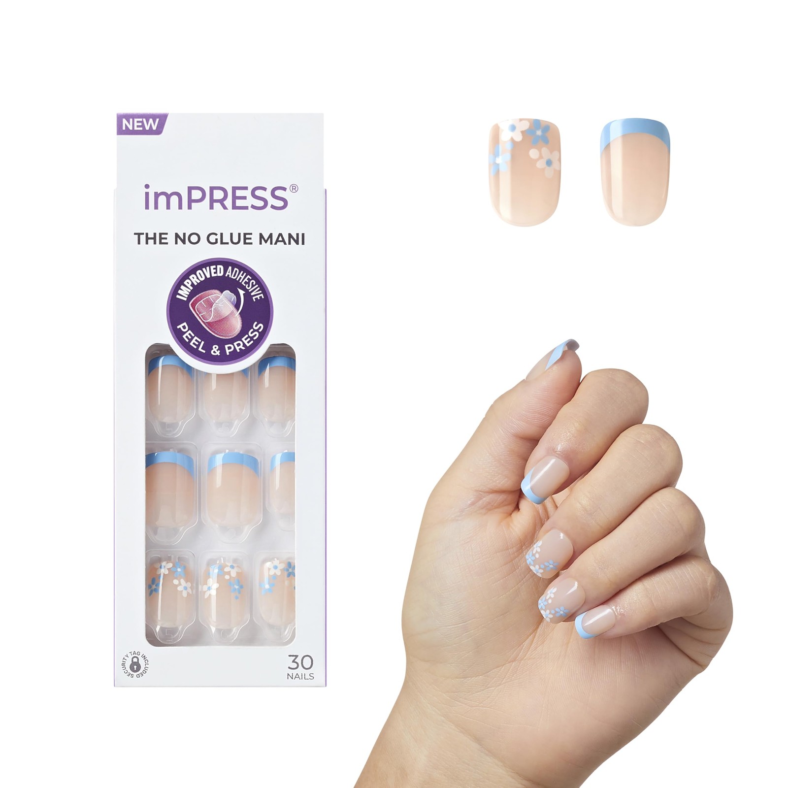Kiss Impress No Glue 33 Fl Oz (Pack of 1), Light Neutral + Blue Tip French