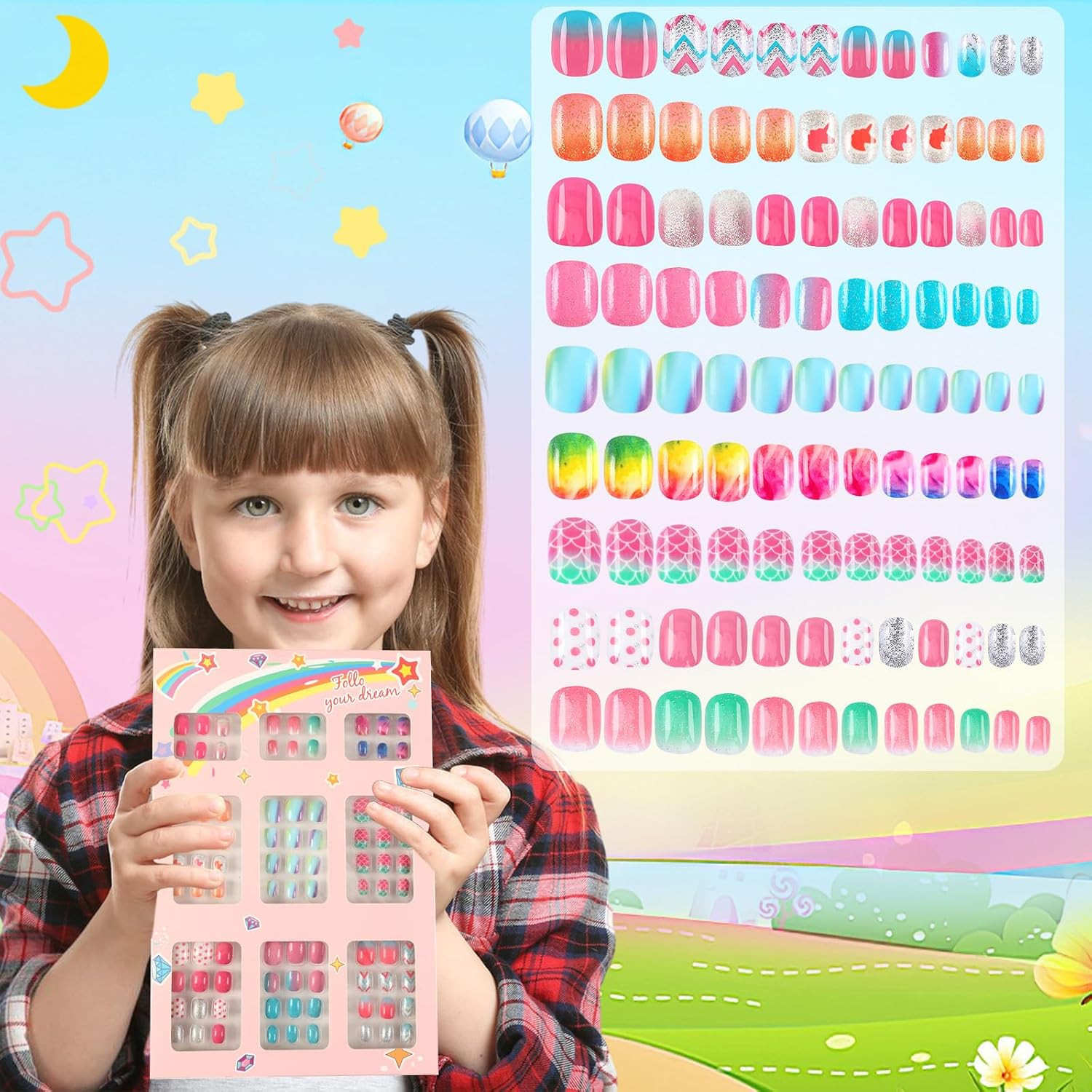 108Pcs Kids Press on Nails, Full Cover Stick on Nails for Girls | Acrylic False