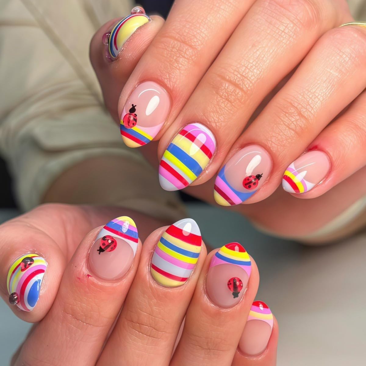 30Pcs Summer Colorful Press on Nails Short Almond Fake Nails with 3D Cartoon Eye