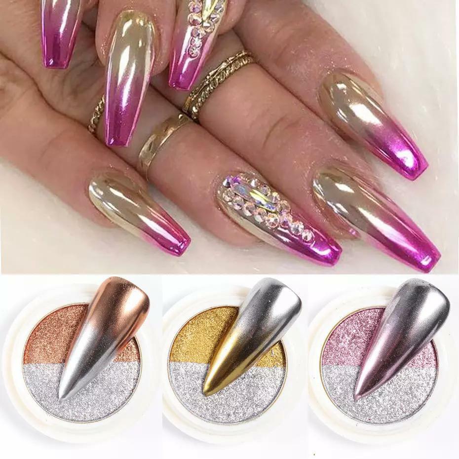 Nail Mirror Chrome Powder Two Colours Pressed Solid Rose Gold Silver Shimmer