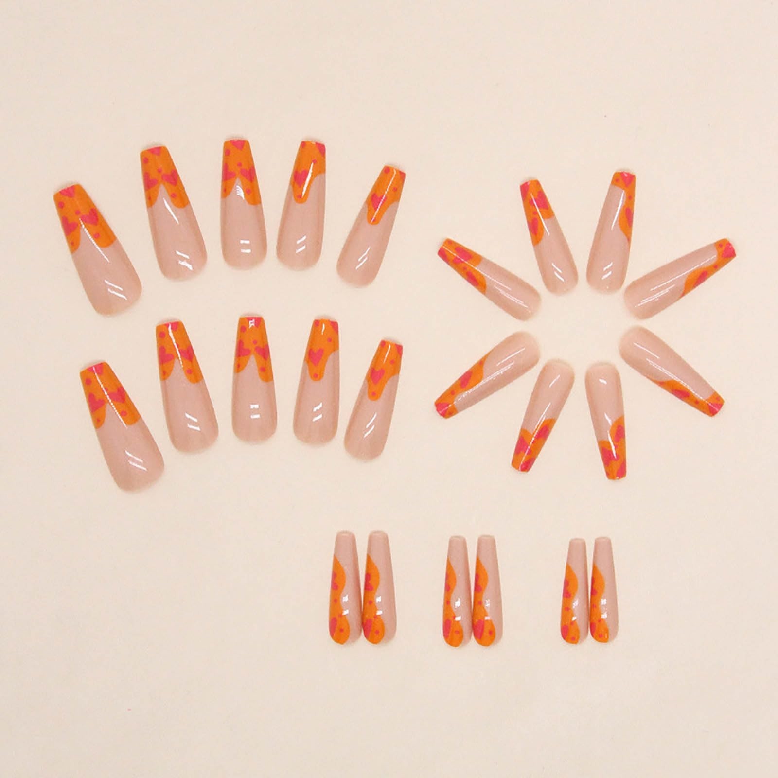 Orange Pink Heart Print Long Coffin Press On Nails