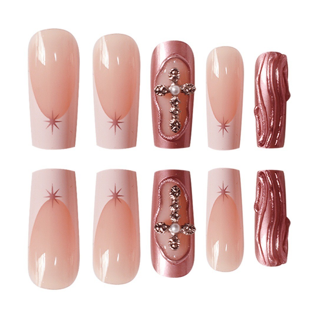 European Style Long Press On Nails Rhinestone Design