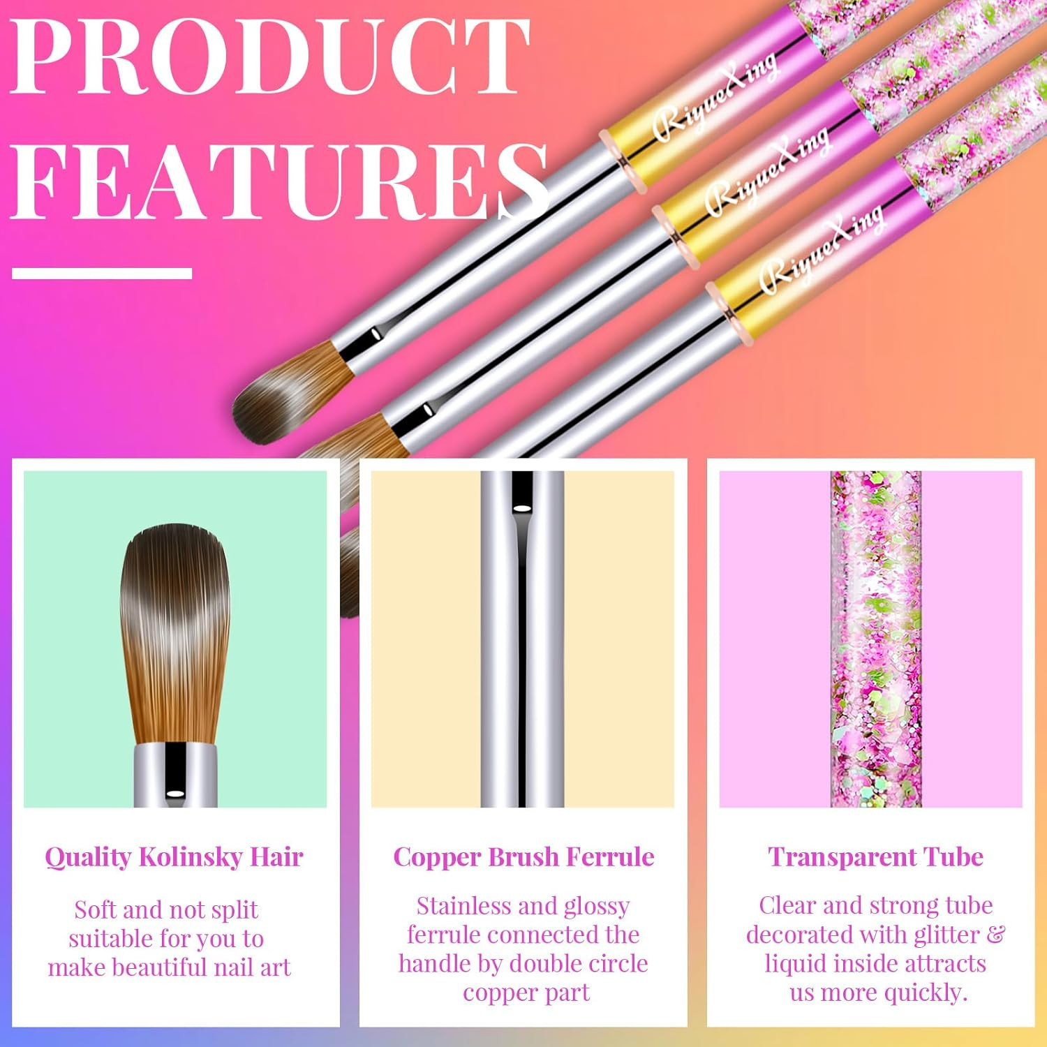 3PCS Acrylic Nail Brush Set, 8/12/14. Kolinsky Nail Art Brushes for Acrylic Appl