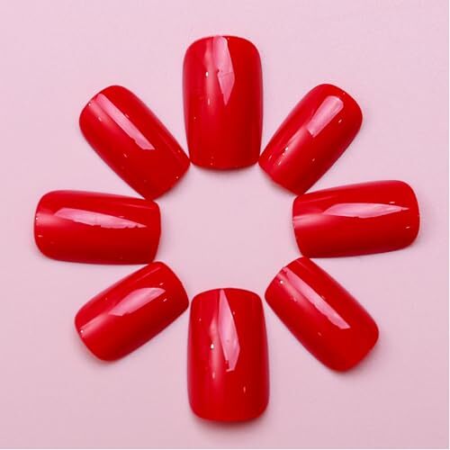 Red Press on Nails Short Square Fake Nails Classic Red Glossy Handmade color-2