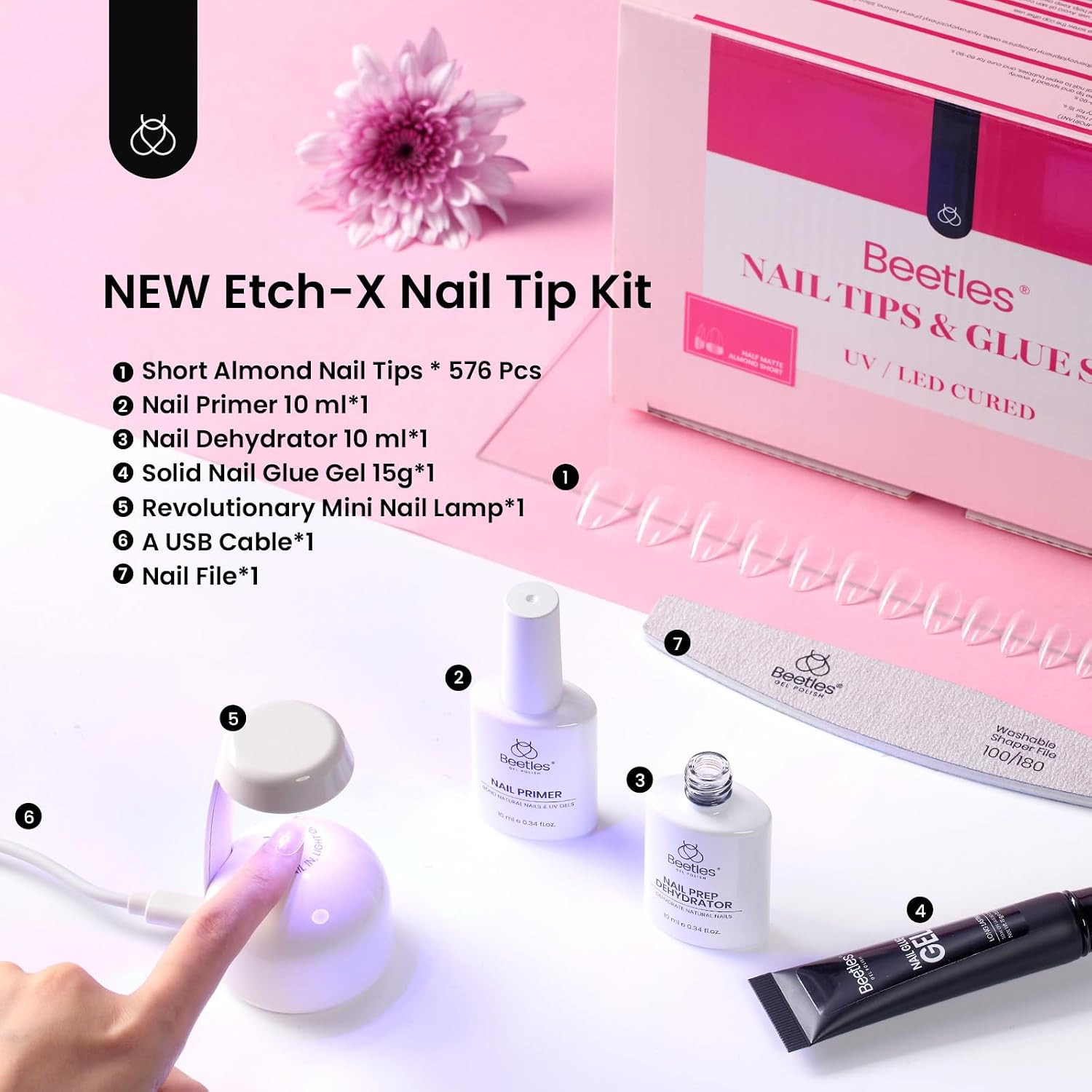 Gel Nail Kit Short Almond, with Dehydrator and Primer, 576Pcs Half Matte Etch-X
