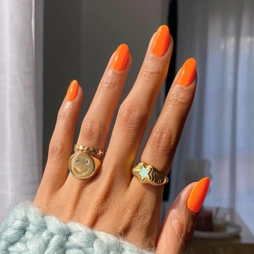 Orange Press on Nails Short Oval Round Nails Glue on, Fall Winter oval orange