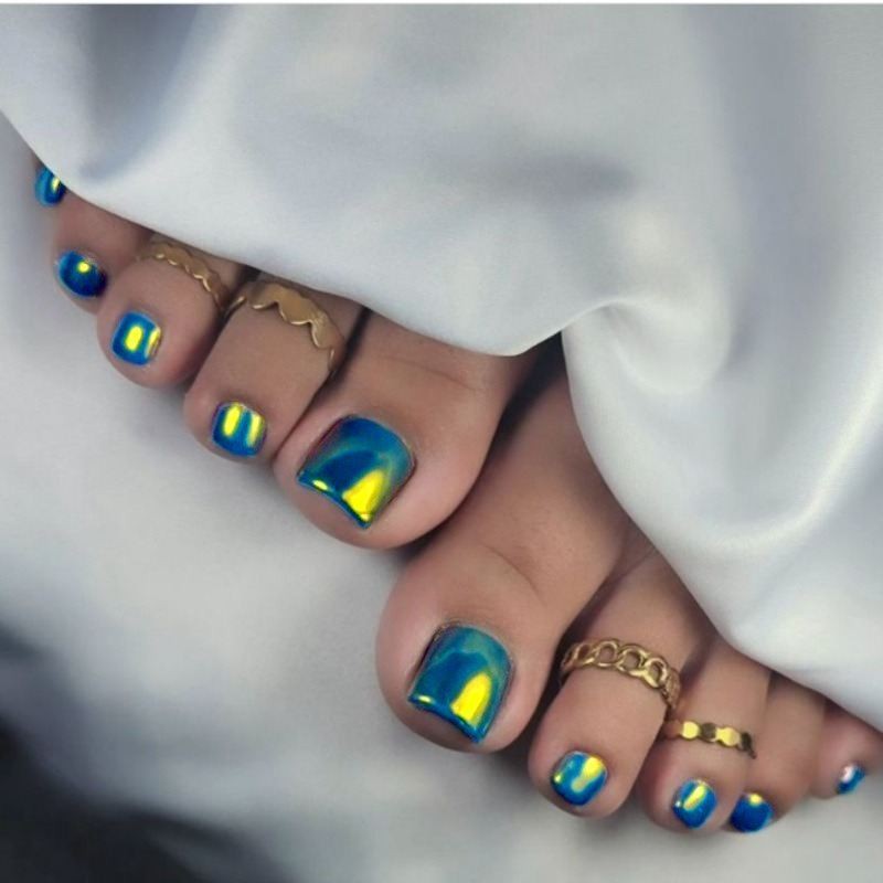48pcs Short Square Toe Press on Nails, Blue Green Aurora Mirror Foot Nails
