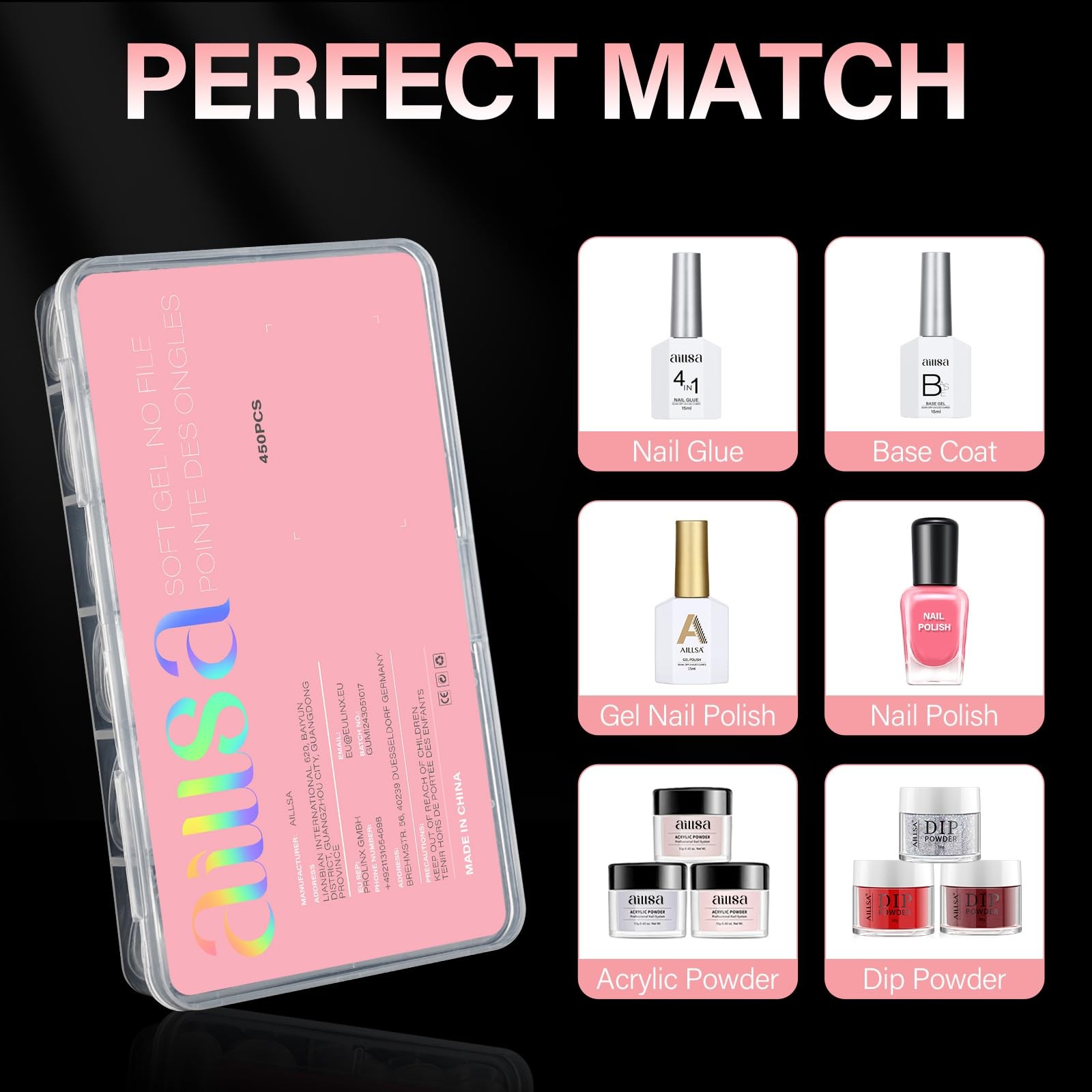 AILLSA Short Square Nail Tips 450PCS Acrylic gel Full Large,