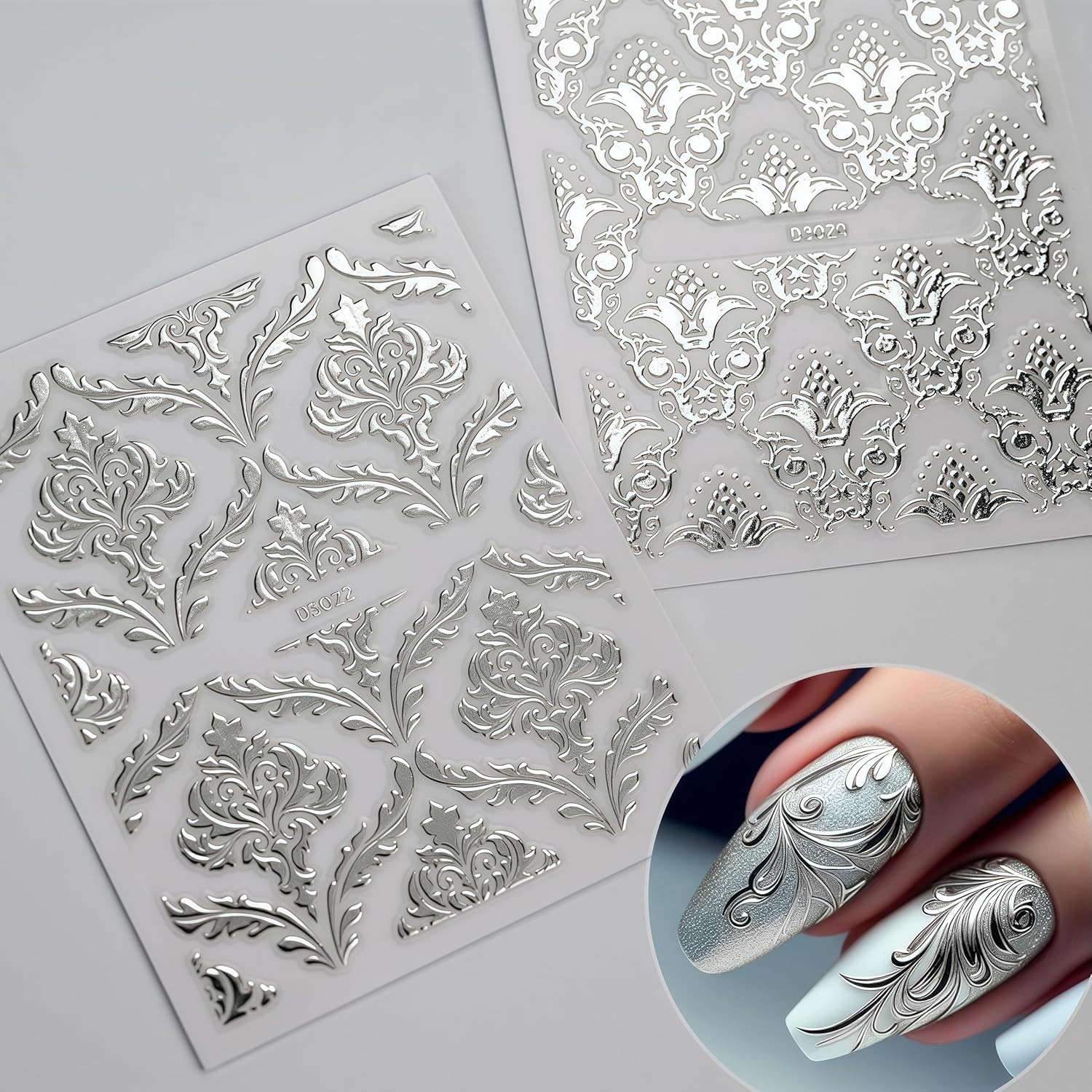 30 Silver lace Nail Stickers for Flower Nail Art 3D -Adhesive Nail Decals Sil…