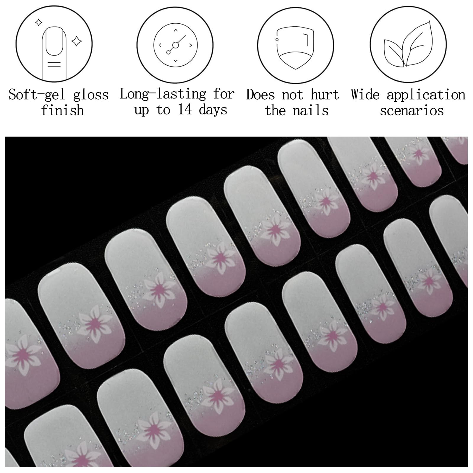 20PCS Pink Semi Cured Nail Strips Spring Summer Ombre Nail Wraps Glossy Flowe…