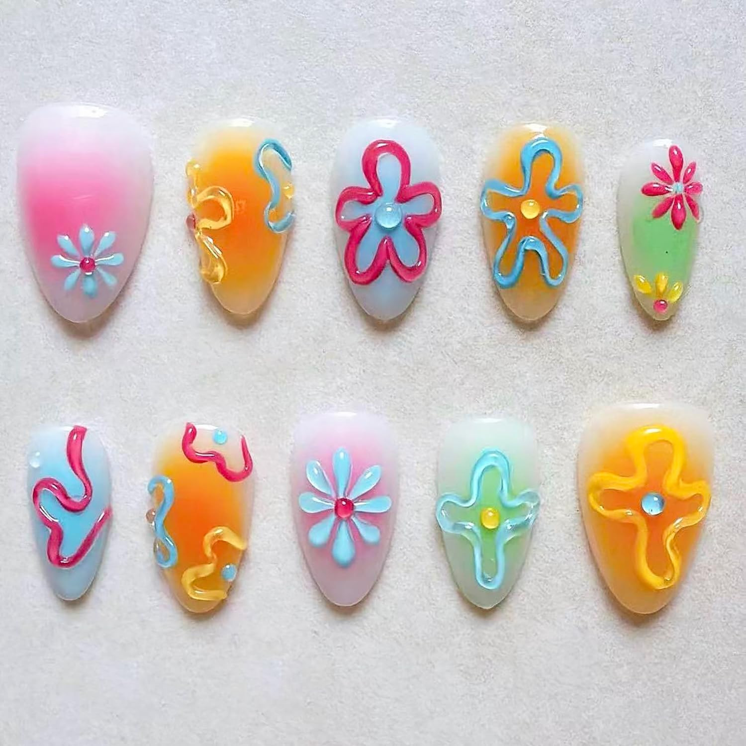 30Pcs Colorful Flower Press on Nails Short Almond Fake Nails with 3D Designs Spr