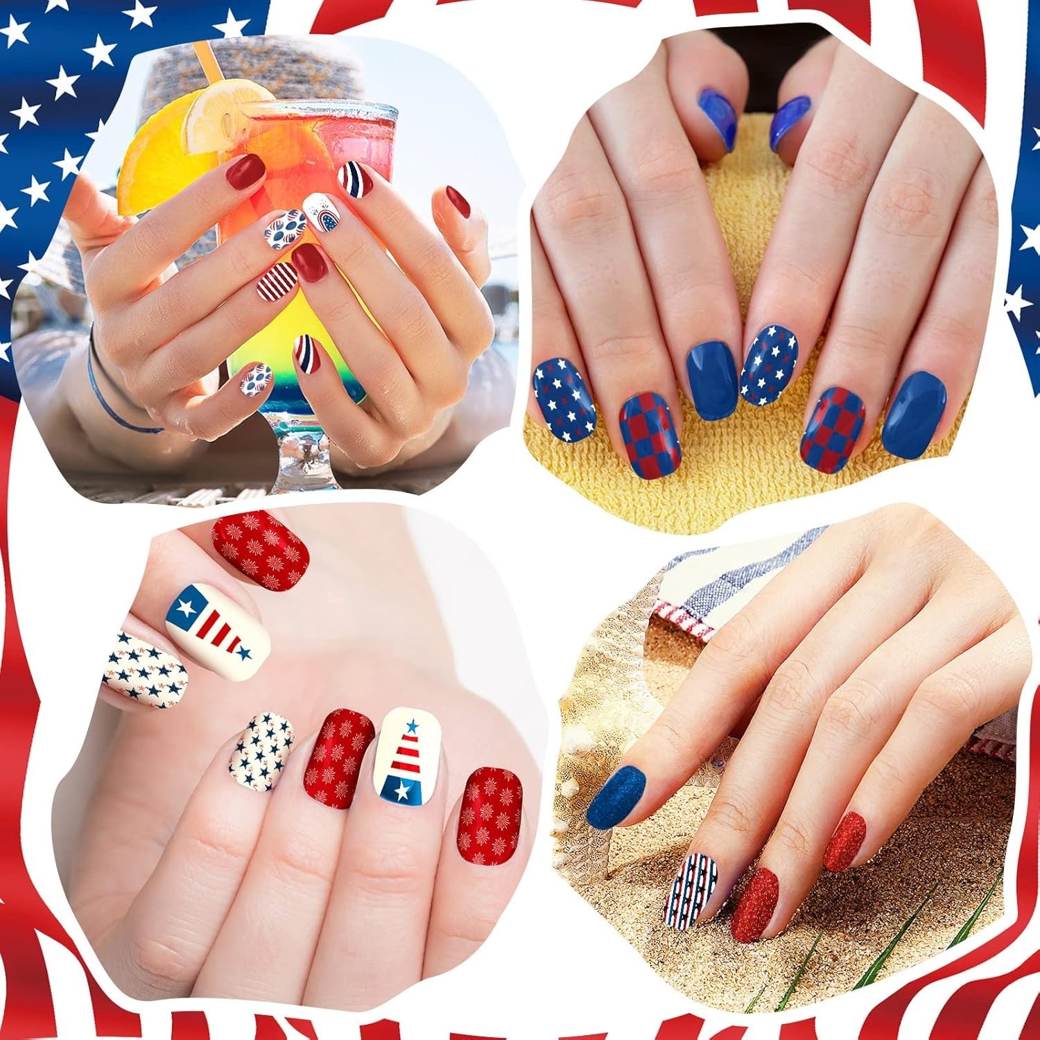 16 Pack 4th of July Press on Nails – Patriotic Retro Flag Pattern 384 Pieces