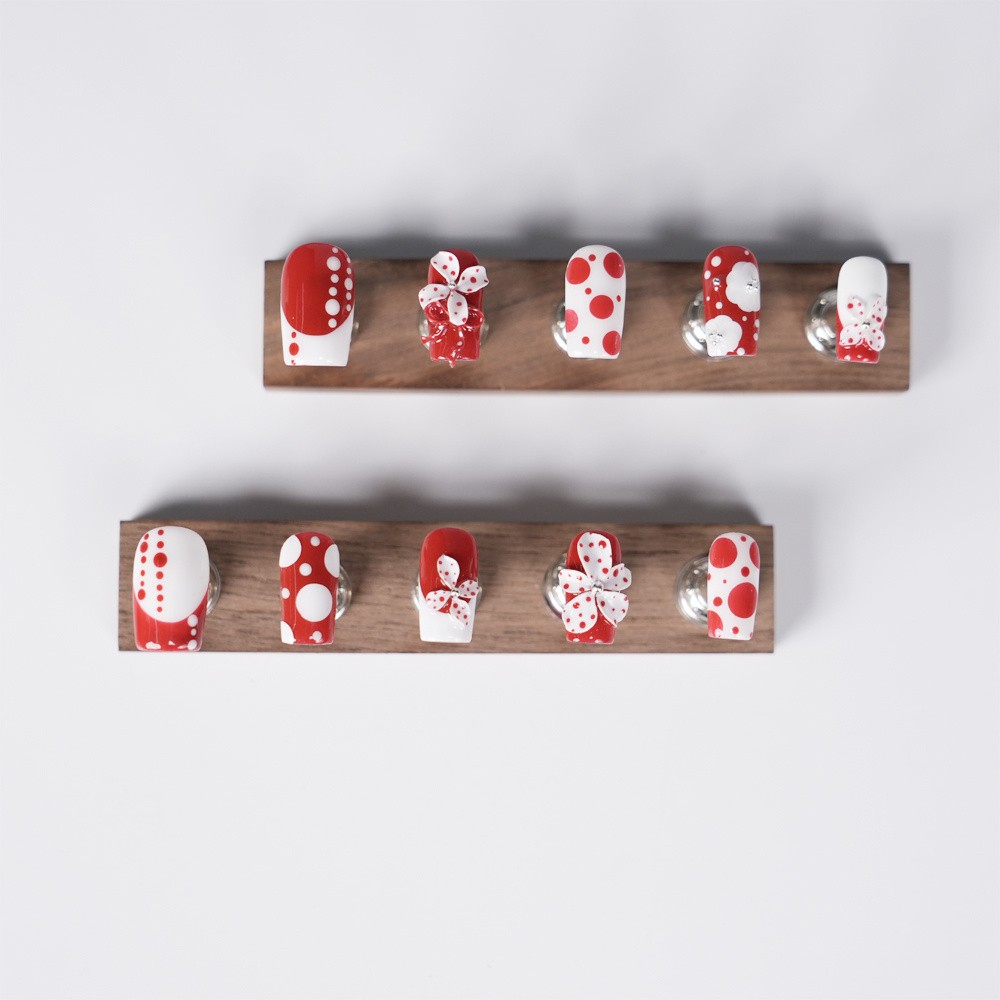 Handmade Red White Polka Dot Press on Nails Bow Floral Lovely Fake Nails