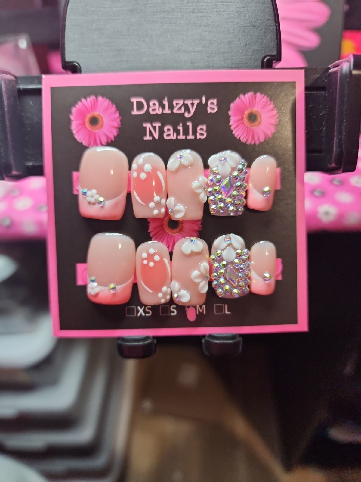Medium Size Press-on Nail 10Pc Set Handmade Squoval Pink 3D Bling 2.0 Cm Length