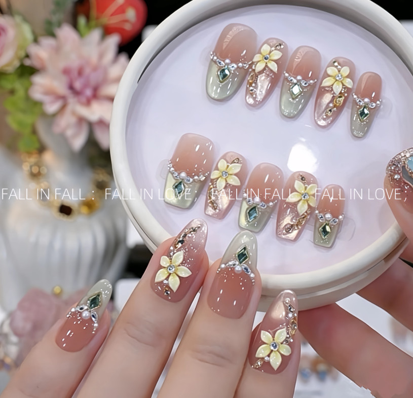 Handmade Press On Nail Nude French 3D Yellow Flower & Green Crystal False Nail