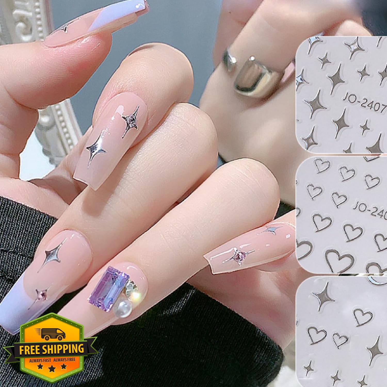 BSBTBZ Heart Star Nail Art Stickers 3D Silver Glitter Design 26