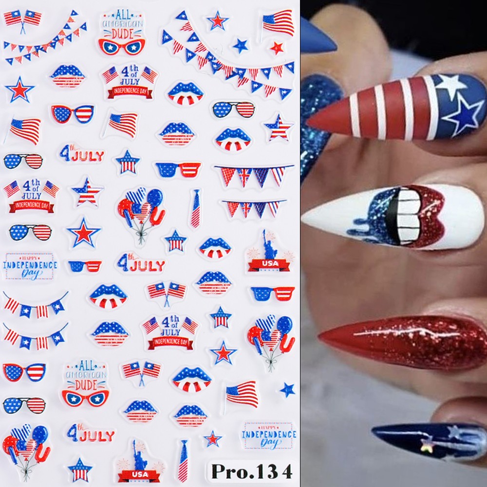 6 Sheets 4th of July Nail Art Stickers 3D Decals Red Blue White American Flags