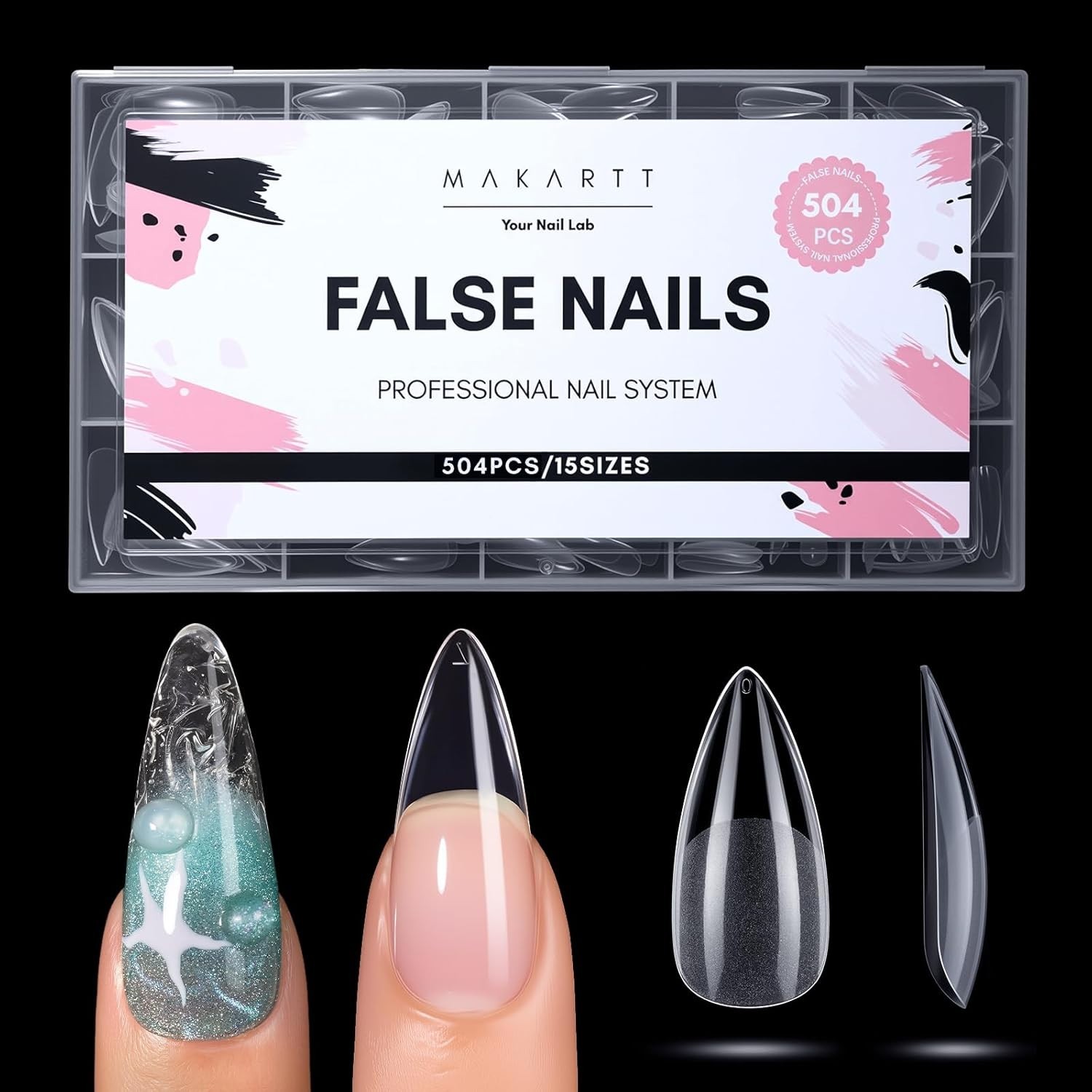 Flexible & Elegant Medium Almond Stiletto Nail Tips – 504 PCS Clear Press-Ons