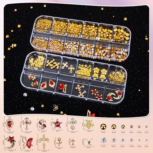 Gold Nail Charms and Nail Gems with 4 Boxes of Rhinestones 3D Metal for Nail