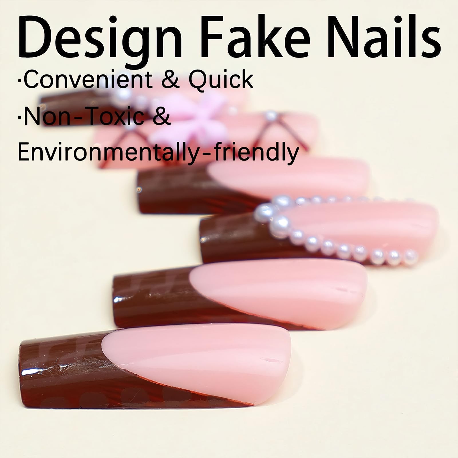 Brown French Tip Press on Nails Long Square Coffin Fake Nails Glossy Full Cov…
