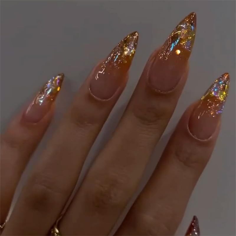 Medium Press on Nails Almond Shaped French Ombre French Ombre Gold Glitter A01