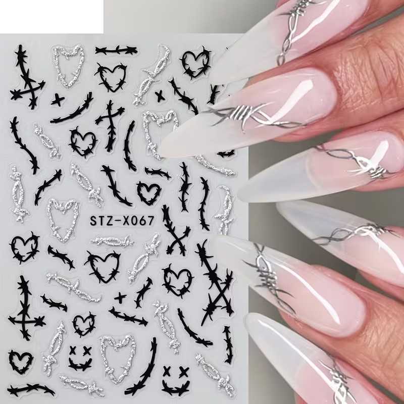Black Heart & Thorn Nail Art Stickers Gothic Silvery Pattern Self-Adhesive