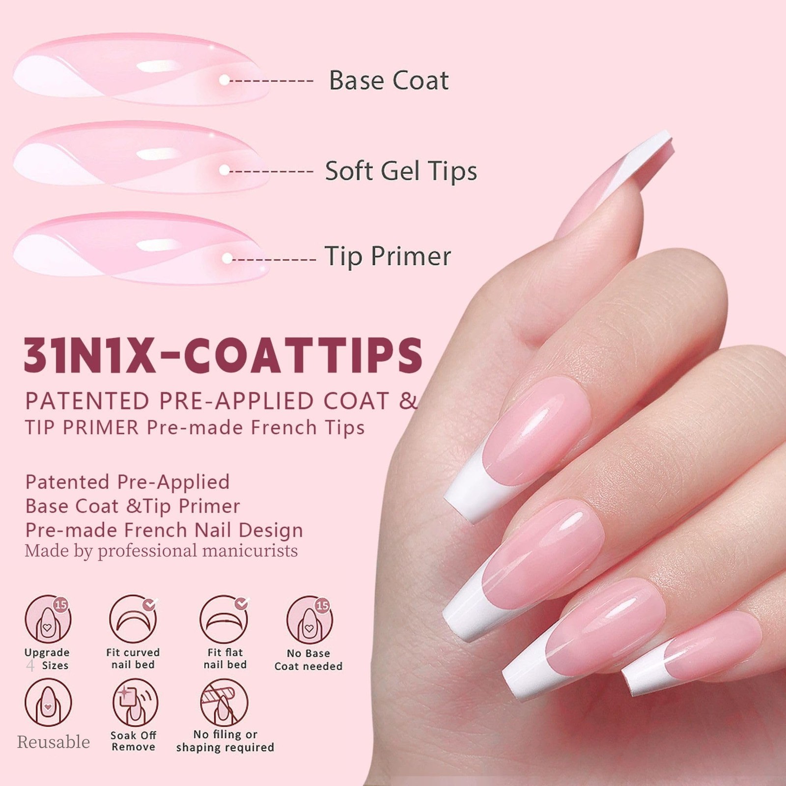 Rhinestone French Tip Press On Nails Coffin 10 Pcs Reusable Salon Traditional…