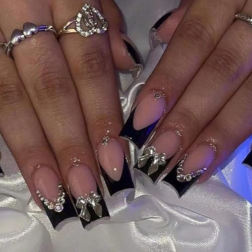 Black French Tip Press on Nails Medium Square Fake Nails with Silver Bow