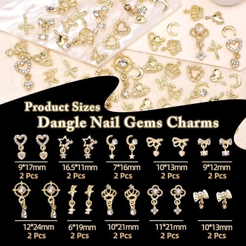 100 Pcs Gold Nail Charms and Gems, Gold Dangle Star Bows Nail Gems Gold-Set 2