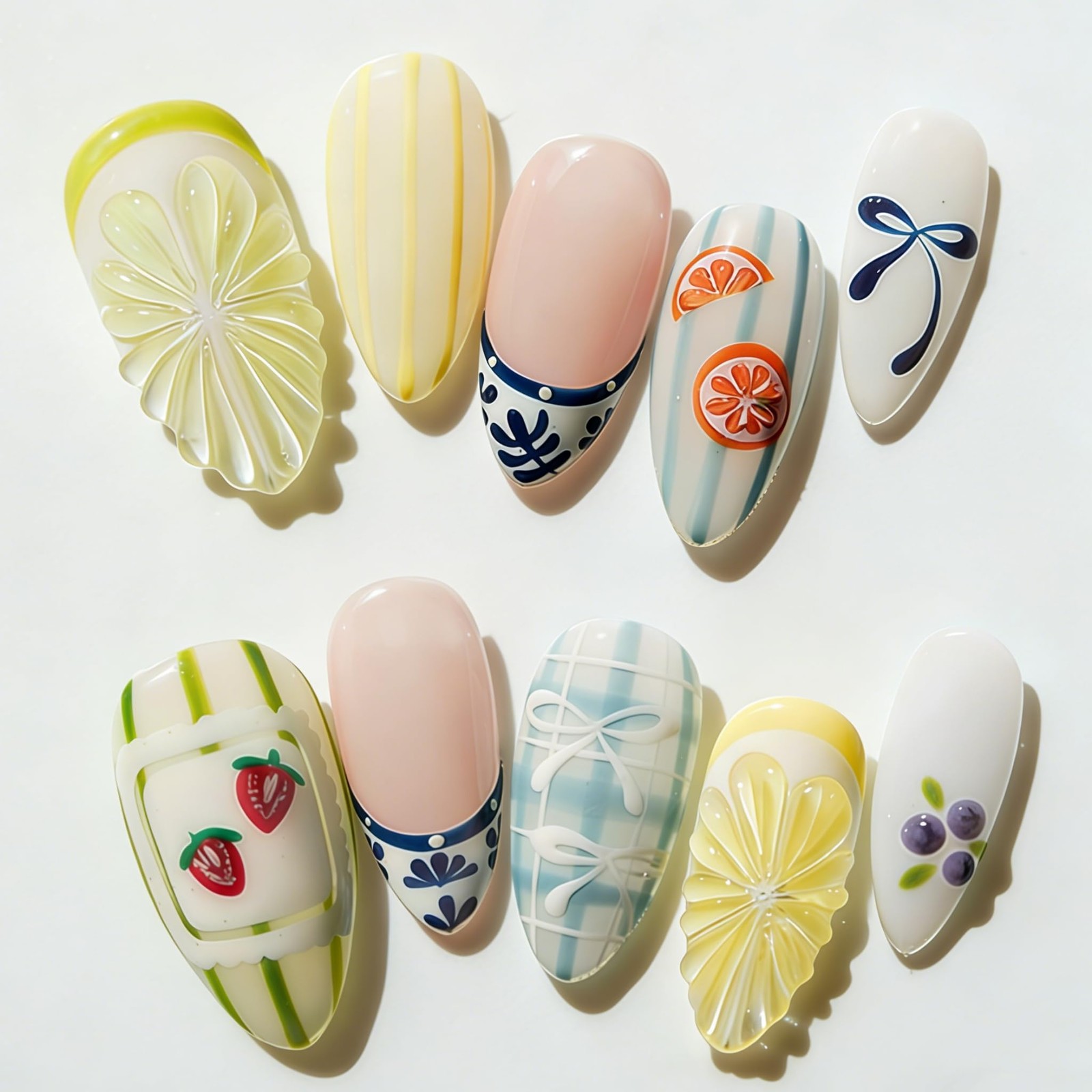 Summer Lemon Press on Nails Medium Almond Fake 2.5*2.5*0.3, Multicolor
