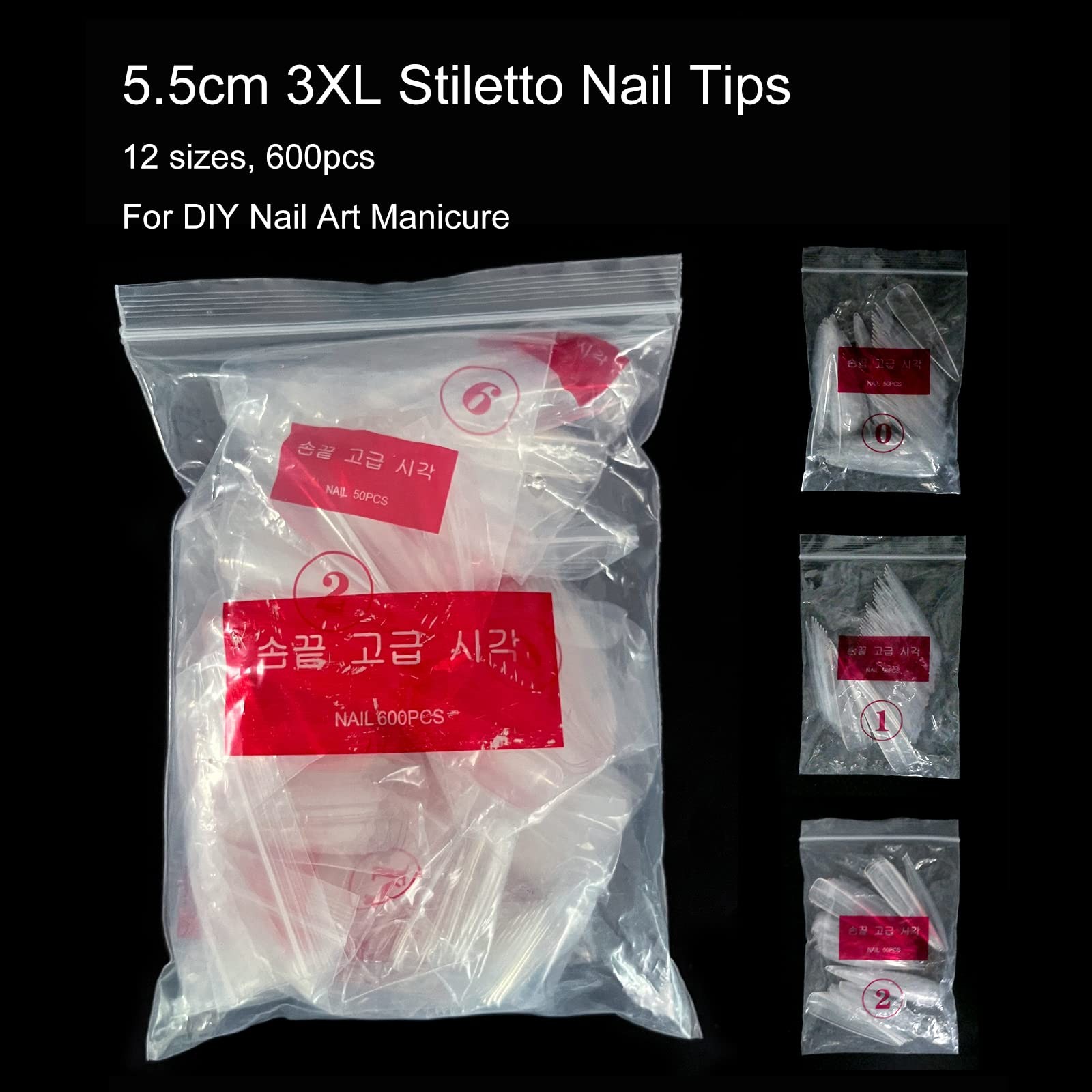 600pcs XXXL Clear Stiletto Nail Tips Extra Long 3xl Full Cover Fake Nails Pro…