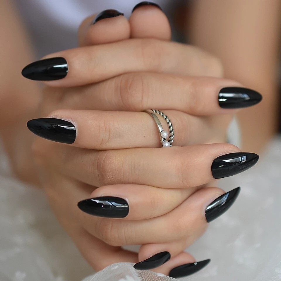 24 Glossy Black Press On Nails w/ Glue Medium Almond pointed goth emo alt almond
