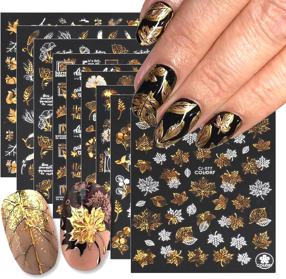 9 Sheets Bronzing Fall Nail Art Stickers 3D Metallic Self-Adhesive Maple Leaf Na