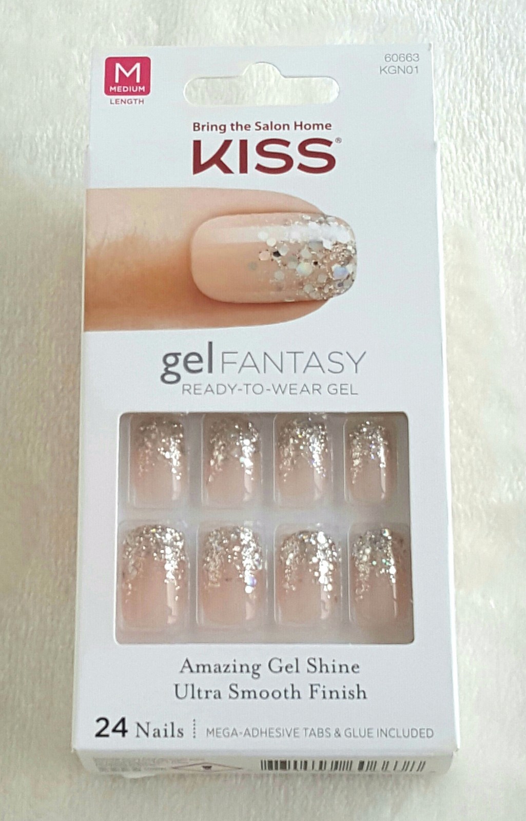 KISS Gel Fantasy 24 Gel Nails FANCIFUL #74144 Nude+Shiny Silver Confetti/Glitter