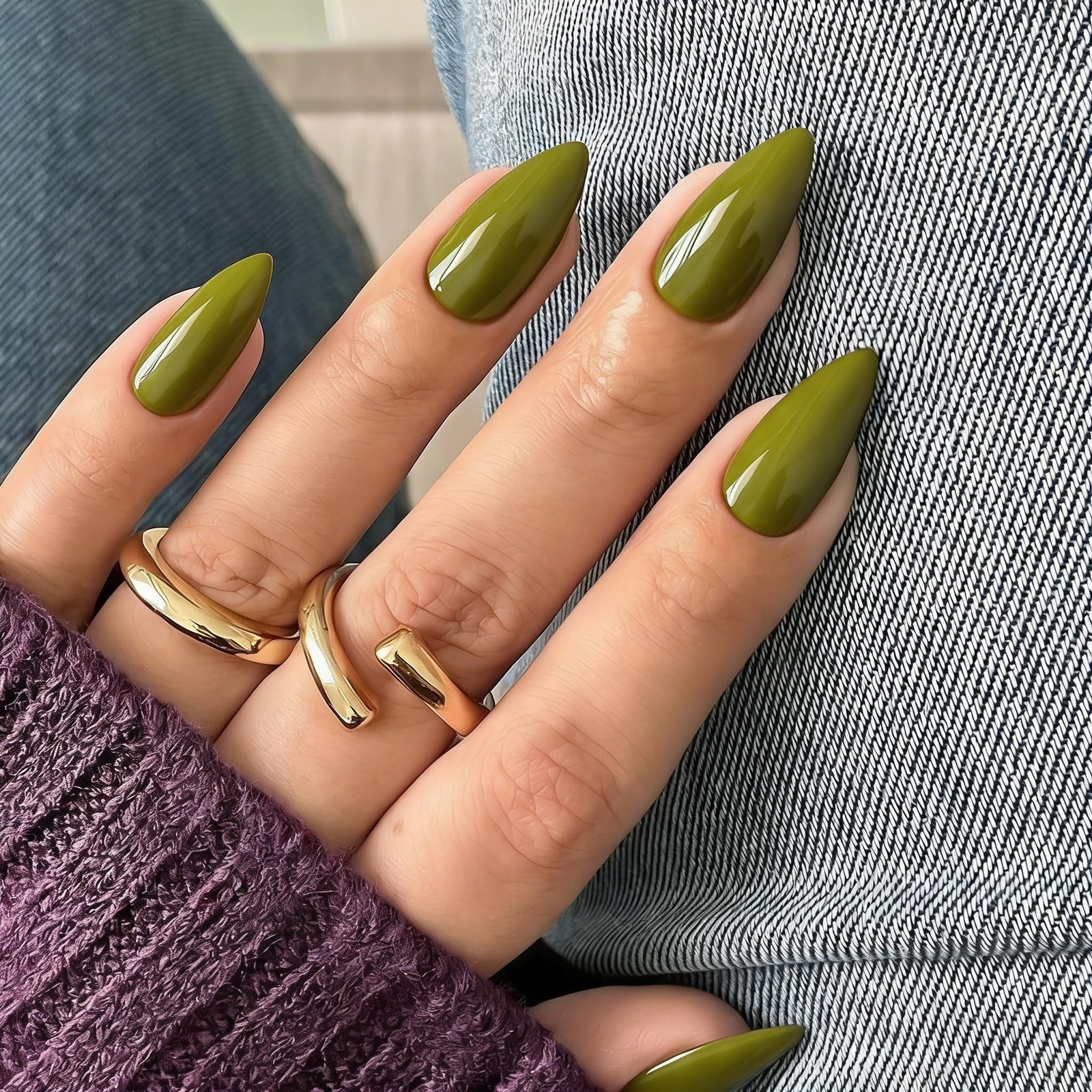 SXVME Olive Green Press On Nails Almond 0.04 Fl Oz (Pack of 24), olive green